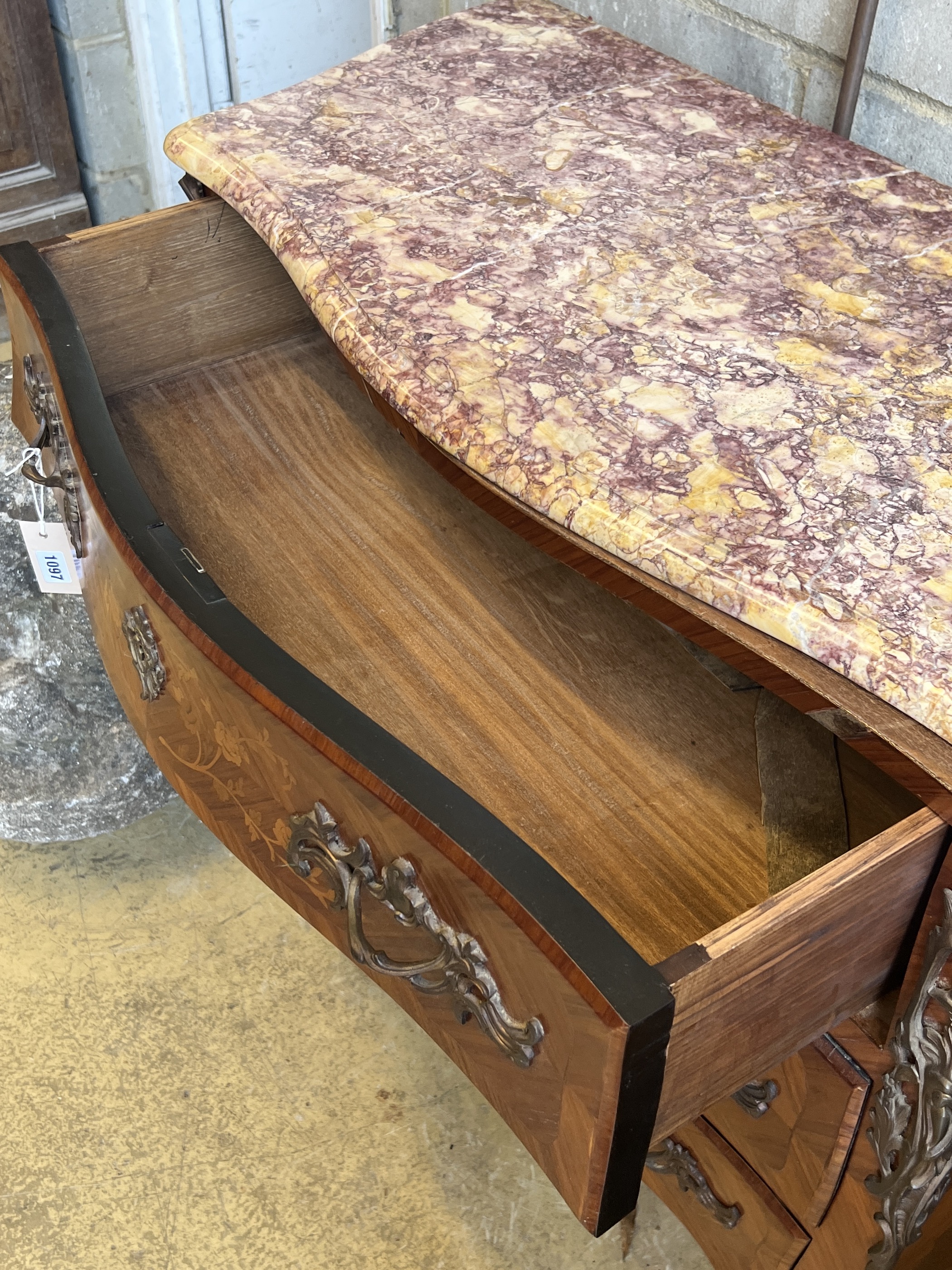 A Louis XV style marquetry inlaid kingwood marble top bombe commode, width 104cm, depth 46cm, height 88cm